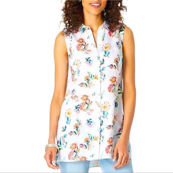 J Jill Love Linen Sleeveless Blouse Size XS Oversized White Floral Button Up - Picture 2 of 16